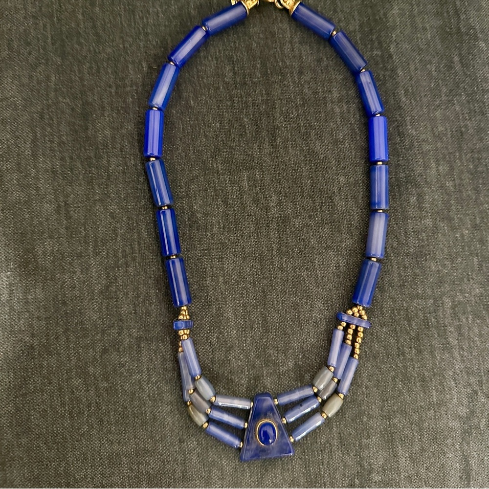 Vintage blue glass geometric signed necklace bought in Peru